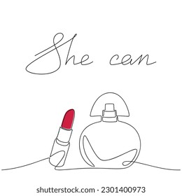 Line continuous perfume bottle and red lipstick  icon. Fragrance vector. Text She Can. Handwritten slogan, quote, phrase. Design element, graphic print, banner, card, wall art, logo, brochure, poster.