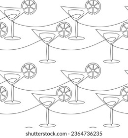 Line continuous seamless pattern. Martini cocktail glass icon background. Hand drawn alcohol drinks. Graphic design, cartoon print, banner, holiday card, poster, brochure, bar wallpaper, cafe menu.