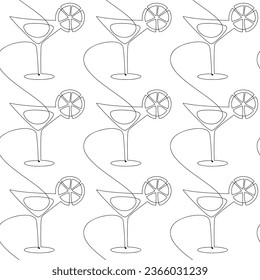 Line continuous seamless pattern. Martini cocktail glass icon background. Hand drawn alcohol drinks. Graphic design, cartoon print, banner, holiday card, poster, brochure, bar wallpaper, cafe menu.