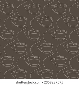 Line continuous  seamless pattern vector. Coffee cup icon background. Cartoon linear mug backdrop. Outline hot drink doodle illustration. Kitchen wallpaper, print, graphic design, card, banner.