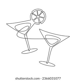 Line continuous vector icon. Abstract martini cocktail glass. Alcohol drink doodle illustration. Graphic design, cartoon print, banner, card, poster, brochure, sign, symbol, bar logo, cafe menu.