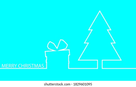 Line contour Christmas tree with gift box, vector art illustration.