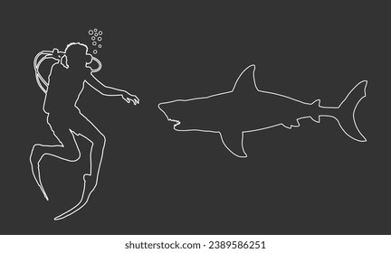 Line contour diver observing a great white shark vector silhouette illustration isolated. Swimming biology research. Brave boy explorer against shark under water shape. Scary scene in marine wildlife.