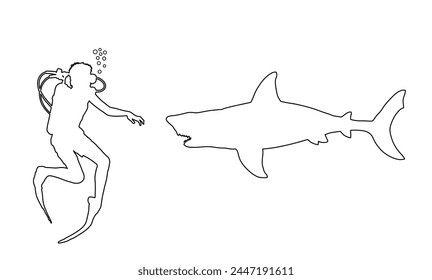 Line contour diver observing a great white shark vector silhouette illustration isolated. Swimming biology research. Brave boy explorer against shark under water shape. Scary scene in marine wildlife.