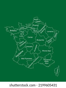 Line contour map of France vector silhouette illustration isolated on green background. French borders autonomous communities. Detailed France regions administrative divisions, separated provinces map