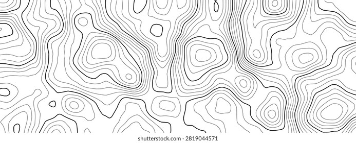 Line contour map with mountain topography vector and topographic texture pattern. Background terrain sea with wood trail cartography and land ocean relief. Abstract topo design with geographic.