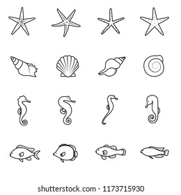 Line contour ocean animal icons set