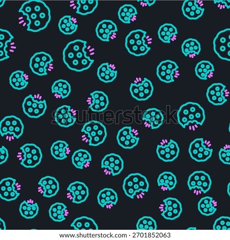 Line Cookie or biscuit with chocolate icon isolated seamless pattern on black background.  Vector