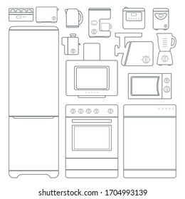 Line cooking icons. Set of kitchen appliances. Kitchen domestic electrical equipment. Vector illustrations, isolated on white