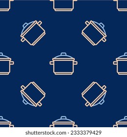 Line Cooking pot icon isolated seamless pattern on blue background. Boil or stew food symbol.  Vector