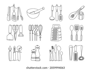 Küchenutensilien. Kontinuierliche Küchenwerkzeuge, handgezeichnete Speisekarte-Besteck-Grafik, Messer-Schüssel-Löffelgerichte. Vektor-Einzellinienset
