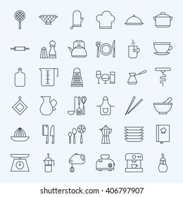 Line Cooking Utensils and Kitchenware Icons Set. Vector Set of Modern Thin Outline Kitchen Tools Items.