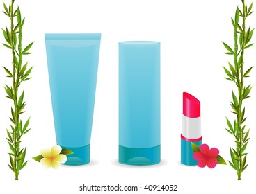 Line of cosmetic products isolated on white.