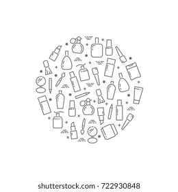 Line cosmetics accessorises round concept on white background. Vector illustration