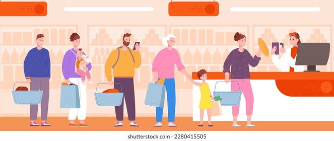 Line at counter supermarket. Customers lined-up queue cashier checkout grocery store, register cash food shop, convenience shopping happy client crowd, vector illustration of supermarket queue