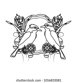 line couple bird animal with flowers decoration