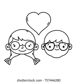 line couple head together with heart love symbol