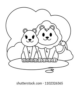 line couple lion wild animal in the landscape
