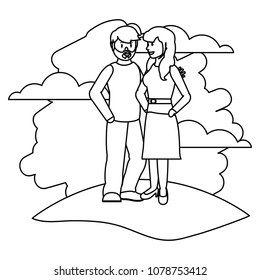 line couple man with woman with hairstyle in the lanscape