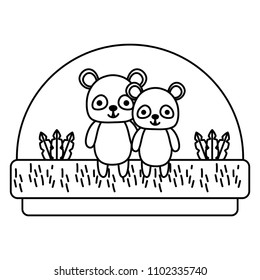 line couple panda cute animal in the countryside