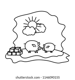 line couple pig farm animal with straw bale