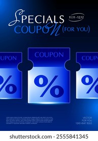 Line of coupon with percent price off, coupon code, isolated on deep blue background. Unlimited gift voucher giveaway banner template