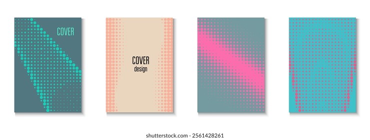 Line Cover Set. Cool Circles In Minimal Layout. Dynamic Design For Hipster Folder. Halftone Flyer. Minimalist Graphic Pattern. Geometric Music Poster. Trendy Line Cover