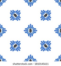 Line CPU mining farm icon isolated seamless pattern on white background. Bitcoin sign inside processor. Cryptocurrency mining community. Digital money. Colorful outline concept. Vector
