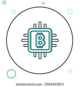 Line CPU mining farm icon isolated on white background. Bitcoin sign inside processor. Cryptocurrency mining community. Digital money. Colorful outline concept. Vector