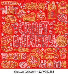 Line craft bakery lettering card. Doodle vector illustration. Square bakey concept with bread, pizza, pie. Cartoon vector concept.