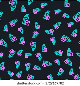 Line Cream or lotion cosmetic tube icon isolated seamless pattern on black background. Body care products for men.  Vector Illustration