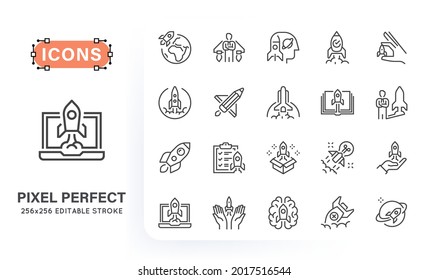 Line creative icons of rocket with various symbols. Set contains such icons as rocket launch, startup, businessman, goal and more. 256x256 pixel perfect. Editable stroke.