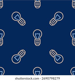 Line Creative lamp light idea icon isolated seamless pattern on blue background. Concept ideas inspiration, invention, effective thinking, knowledge and education.  Vector