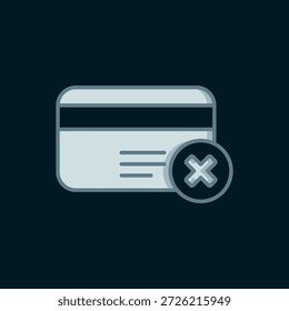 Línea Tarjeta de crédito eliminar icono aislado sobre fondo negro. Pago en línea. Retiro de efectivo. Operaciones financieras. Cartel de compras. Estilo de contorno relleno plano con sombra. Vector
