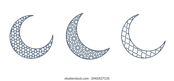 Line crescent icons isolated. Descending moon shape. Traditional islamic decoration for Ramadan or Al-Adha. Arabiс geometric pattern. Vector