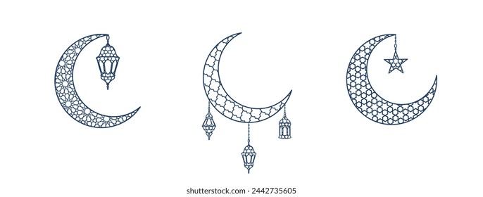 Line crescents with lanterns and stars. Decoration for Ramadan or Al-Adha. Traditional islamic symbols isolated. Muslim holidays icons. Vector