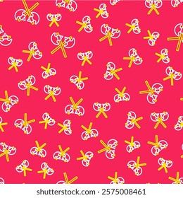 Line Crossed medieval axes icon isolated seamless pattern on red background. Battle axe, executioner axe. Medieval weapon.  Vector