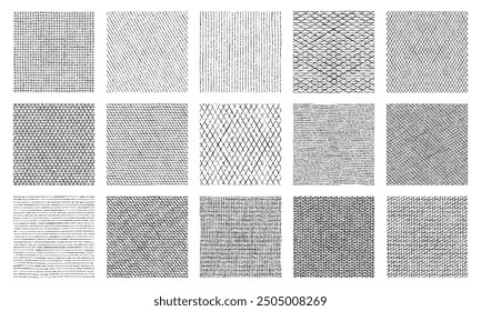 Line crosshatch patterns, cross hatch texture vector seamless backgrounds of vintage hand drawn black pen, ink or pencil hatching. Sketch patterns set of rough parallel fill lines geometric ornaments