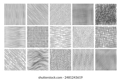 Line crosshatch patterns with hand drawn pencil sketch texture, vector abstract backgrounds. Crosshatch patterns of pencil hatch and doodle strokes with grunge hatching wave or crossed geometric grid