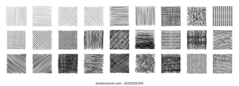 Line crosshatch patterns range from simple to complex, offering a variety of textures and artistic styles. Vector set of monochrome hand drawn abstract backgrounds. Cross hatch pencil doodle shading