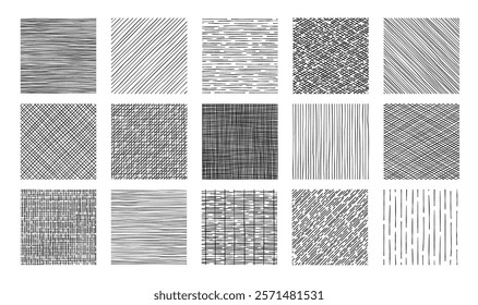 Line crosshatch patterns and textures set. Vector hand drawn pen, pencil or ink cross hatch sketches with stripes, scratches and strokes. Woven canvas and lattice texture hatches and crosshatches