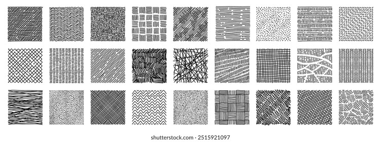 Line crosshatch patterns. Vector set of black and white abstract hand-drawn waves, grids, dots and textures varies in line density and style. Monochrome backgrounds with linear squiggles and sketches