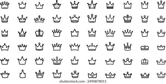 Line crown icon set, Crown doodle element, Crown collection.