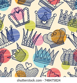 Line crowns and polka dot. Cute seamless pattern.