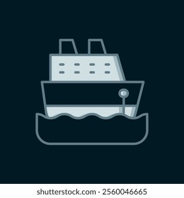 Line Cruise ship icon isolated on black background. Travel tourism nautical transport. Voyage passenger ship, cruise liner. Worldwide cruise. Flat filled outline style with shadow. Vector