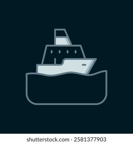 Line Cruise ship icon isolated on black background. Travel tourism nautical transport. Voyage passenger ship, cruise liner. Worldwide cruise. Flat filled outline style with shadow. Vector