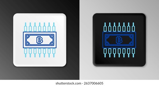 Line Cryptocurrency bitcoin in circle with microchip circuit icon isolated on grey background. Blockchain technology, digital money market. Colorful outline concept. Vector