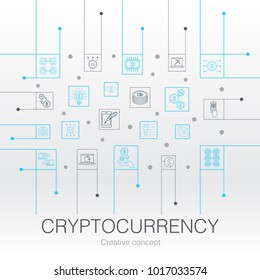 Line Cryptocurrency creative concept with icons. Trendy template design. Cryptocurrency Info graphics thin layout. Cryptocurrency, blockchain, future of money, Altcoin, Mining icons. 