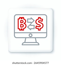 Linha Criptomoeda ícone de troca isolado no fundo branco. Bitcoin para dólar ícone de câmbio. Tecnologia de criptomoeda, banco móvel. Conceito de contorno colorido. Vetor