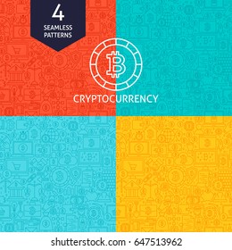 Line Cryptocurrency Patterns. Four Vector Website Design Seamless Backgrounds. Bitcoin Finance.